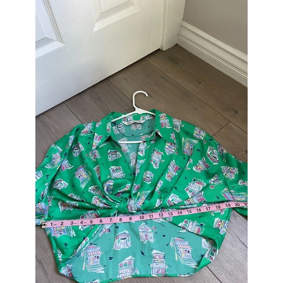 Zara Women's Knotted Collard Open V~Neck Green Satin Shops Print Crop Blouse M - Picture 5 of 8